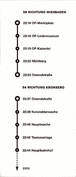 S8 22:16 OF-Marktplatz Richtung Wiesbaden / S4 22:37 Ostendstraße Richtung Kronberg